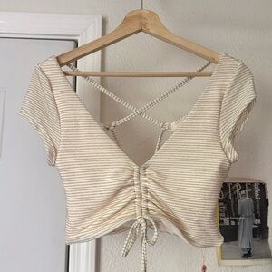 NWT P2F Gold cream metallic striped lace up cropped swim top